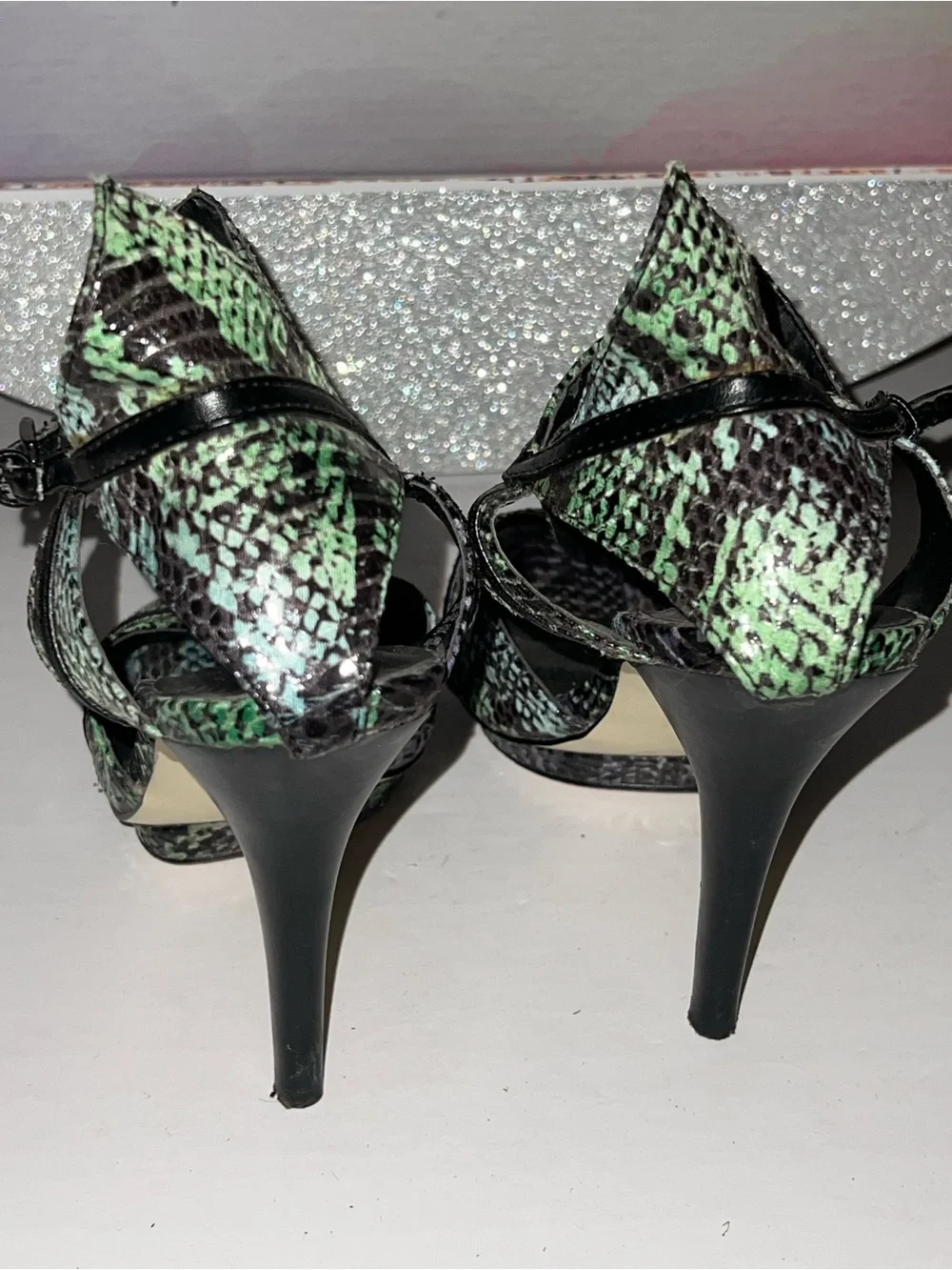 Zigi Soho Green and Black Snake-Print High Heel Sandals